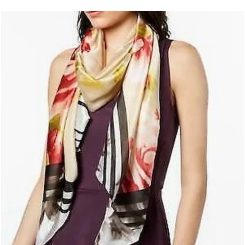 Vince Camuto Sheer Red Roses & Stripes Pattern Scarf Wrap Multicolor NWT